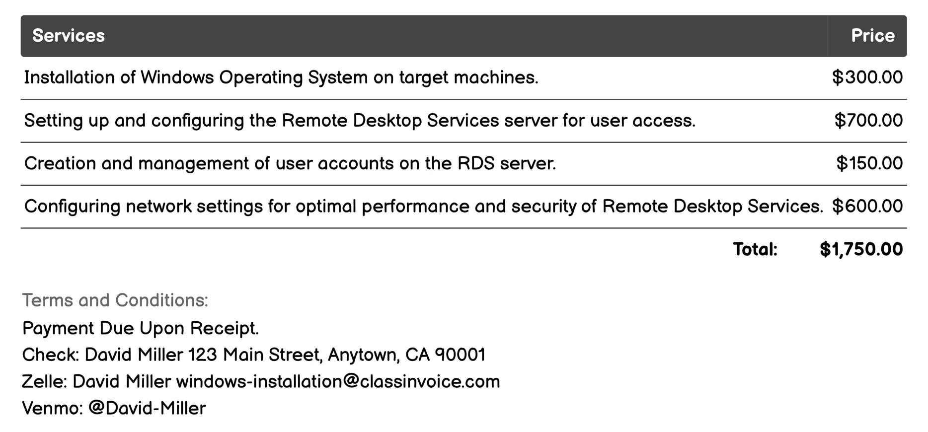 Remote Desktop Services Setup Invoice Example