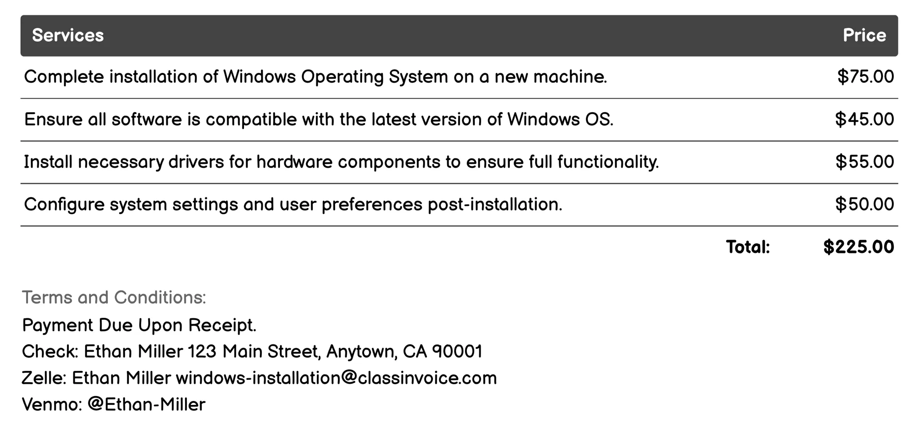 Software Installation Invoice Example