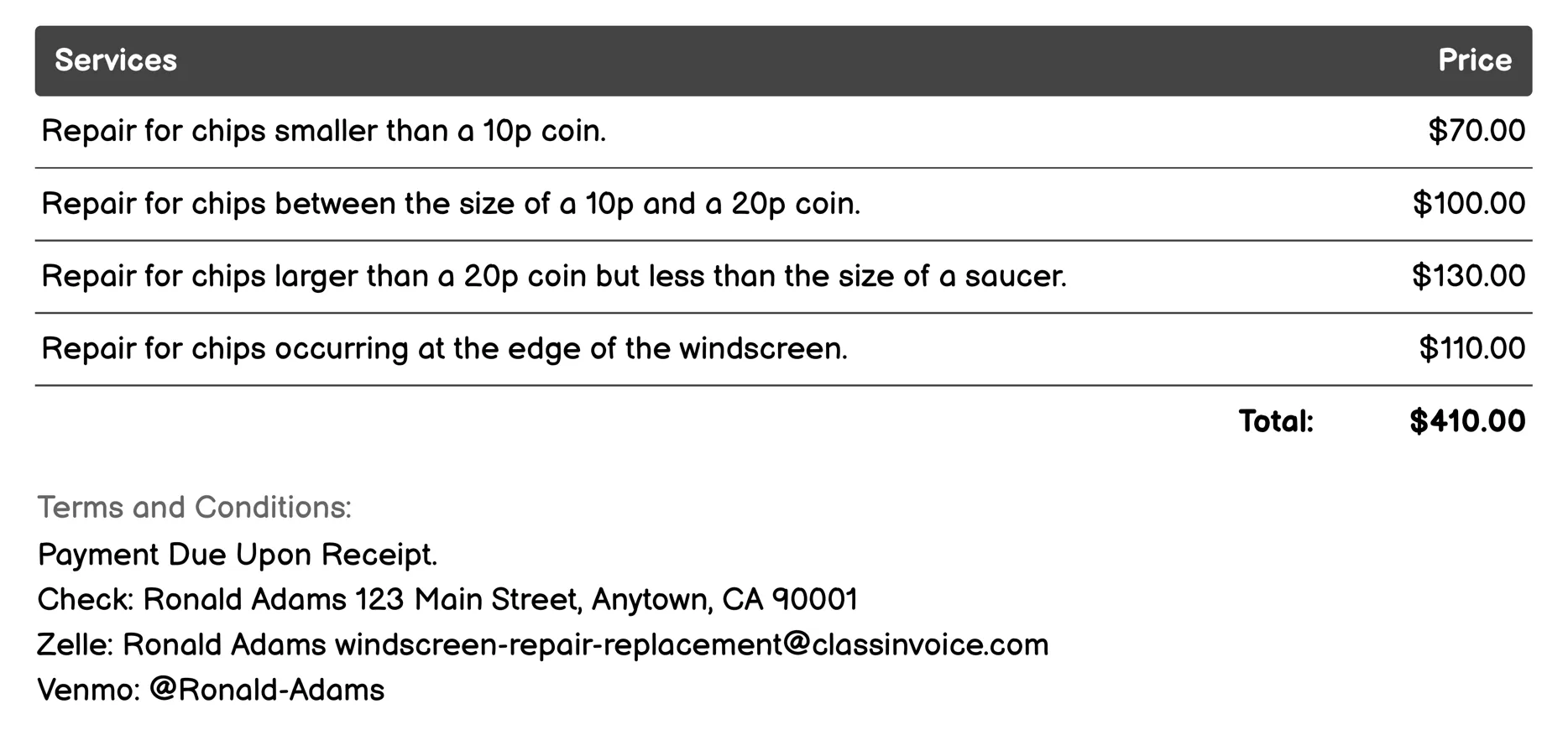 Chip Repair Invoice Example