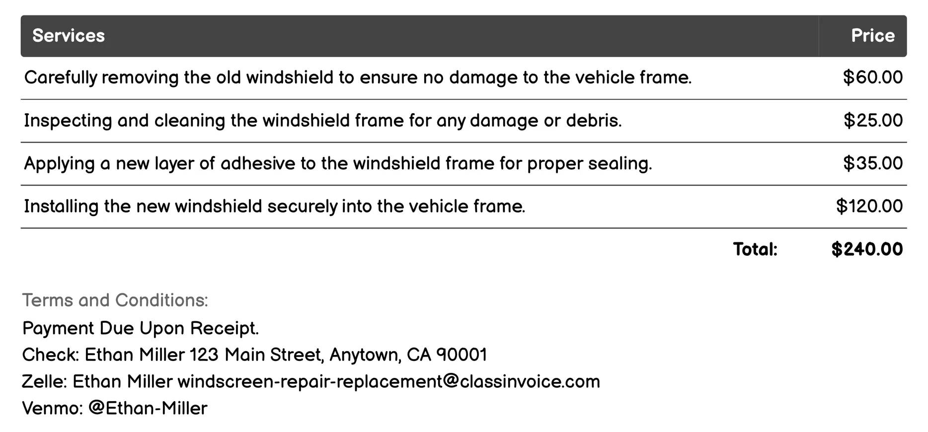 Full Windshield Replacement Invoice Example