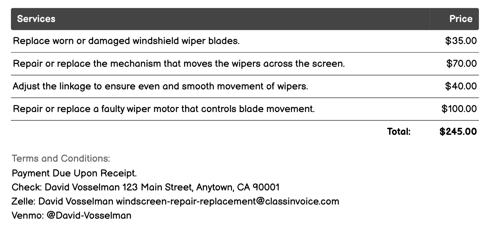 Windshield Wiper Repair Invoice Example