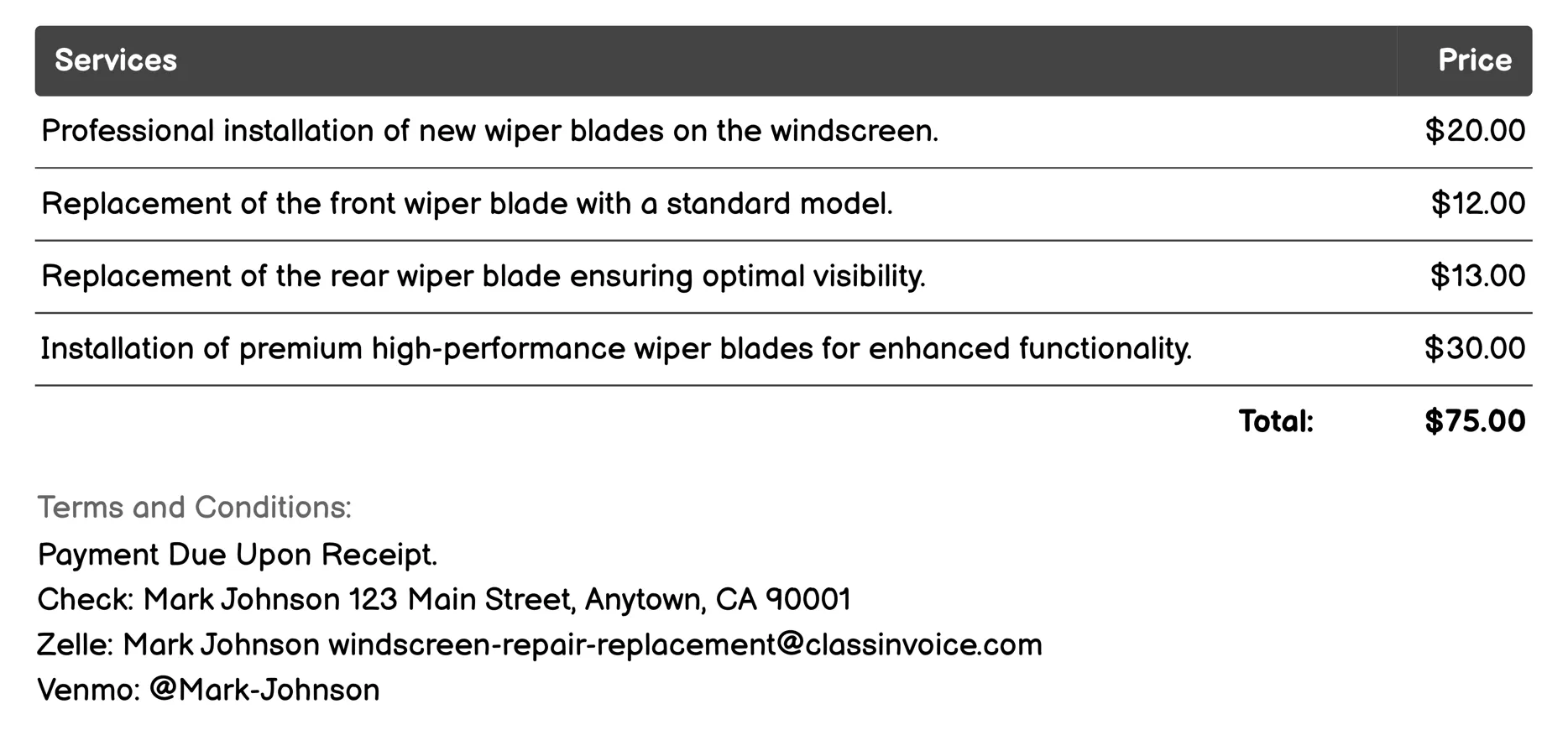 Wiper Blade Replacement Invoice Example