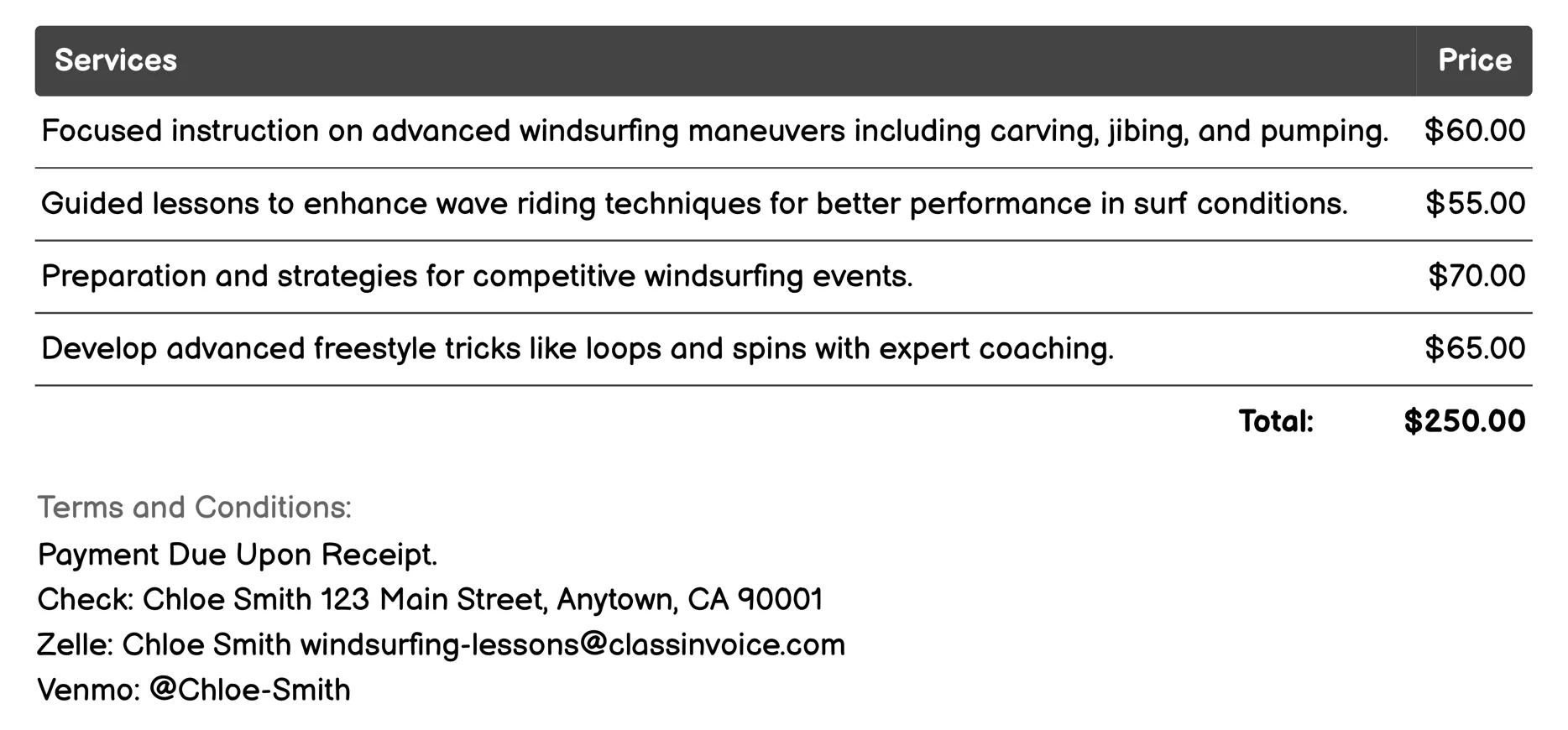 Advanced Windsurfing Lessons Invoice Example