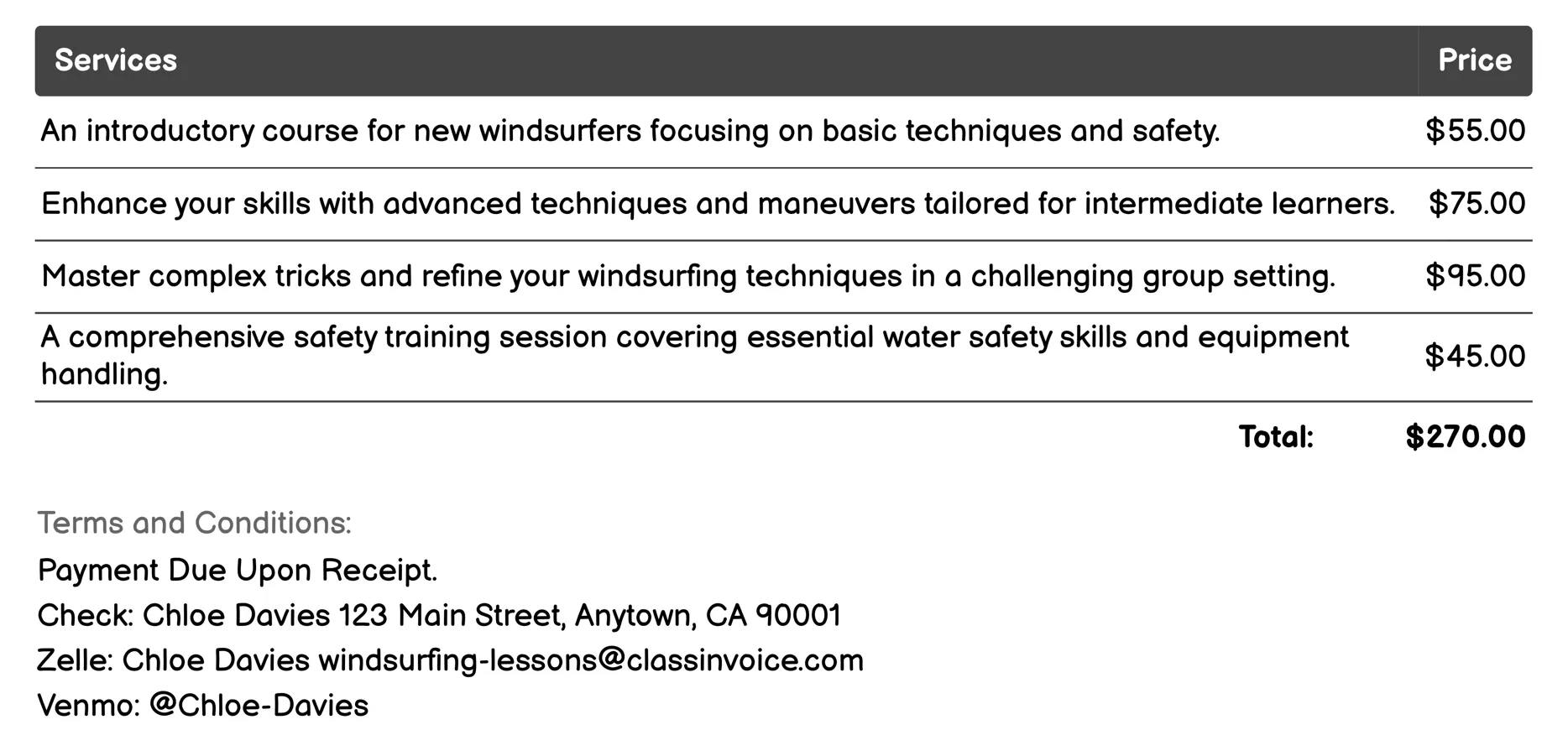 Group Windsurfing Classes Invoice Example