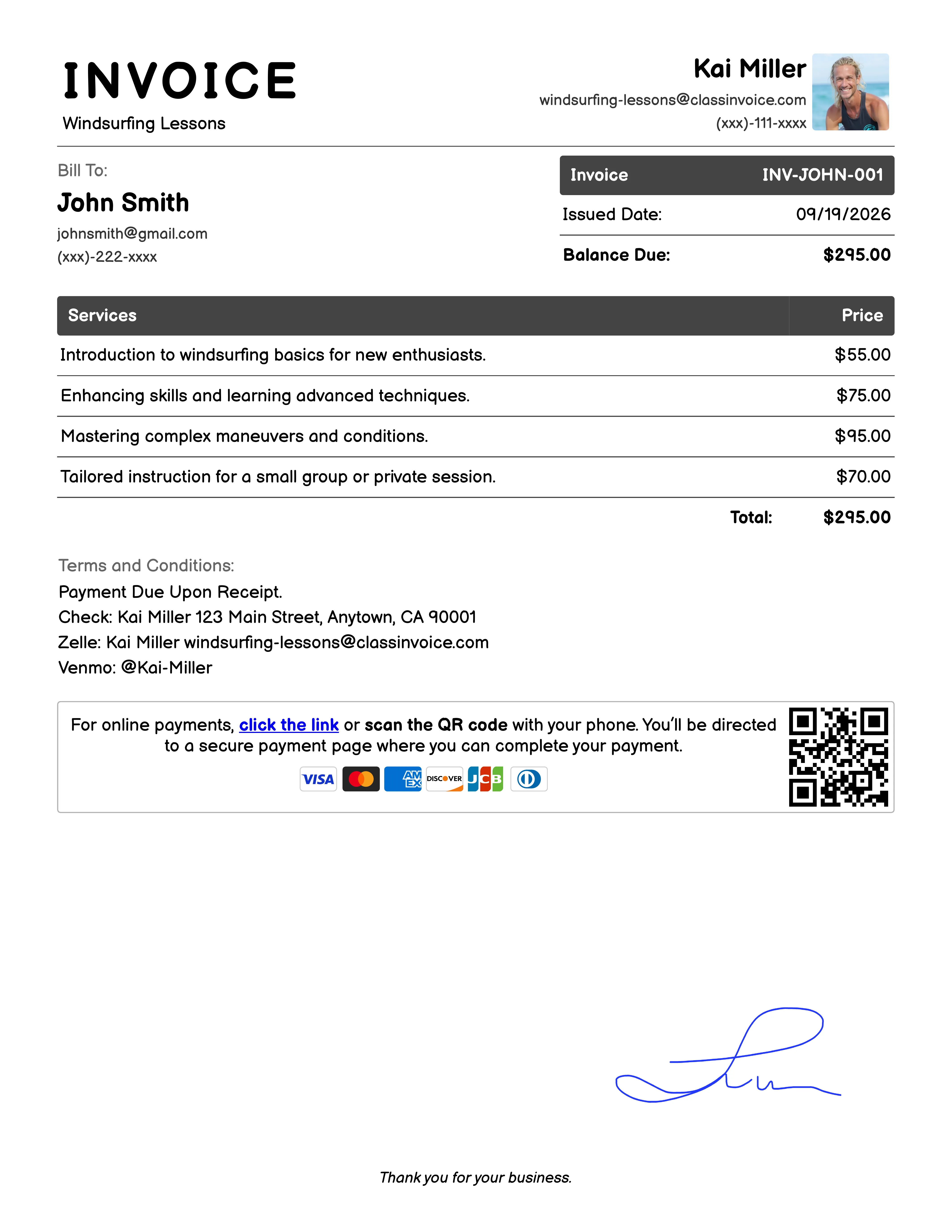 Windsurfing Lessons Invoice Example