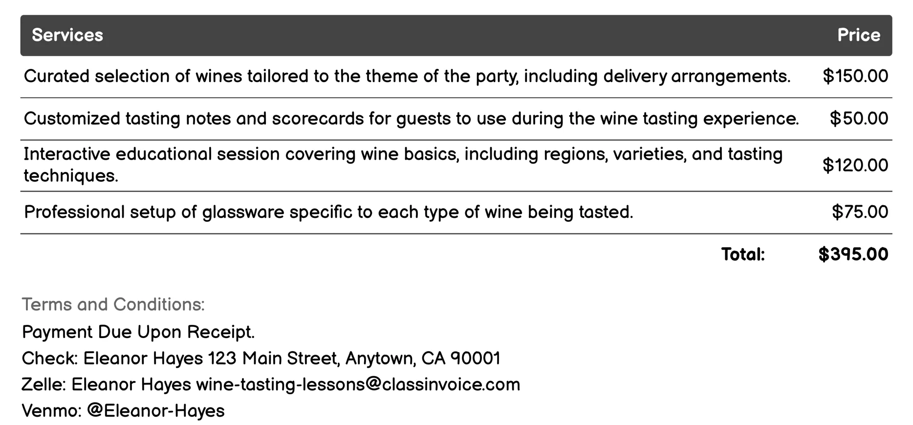 Home Wine Tasting Party Planning Invoice Example