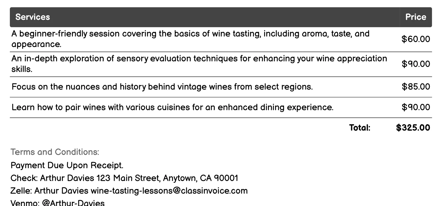 Vintage Wine Tasting Invoice Example