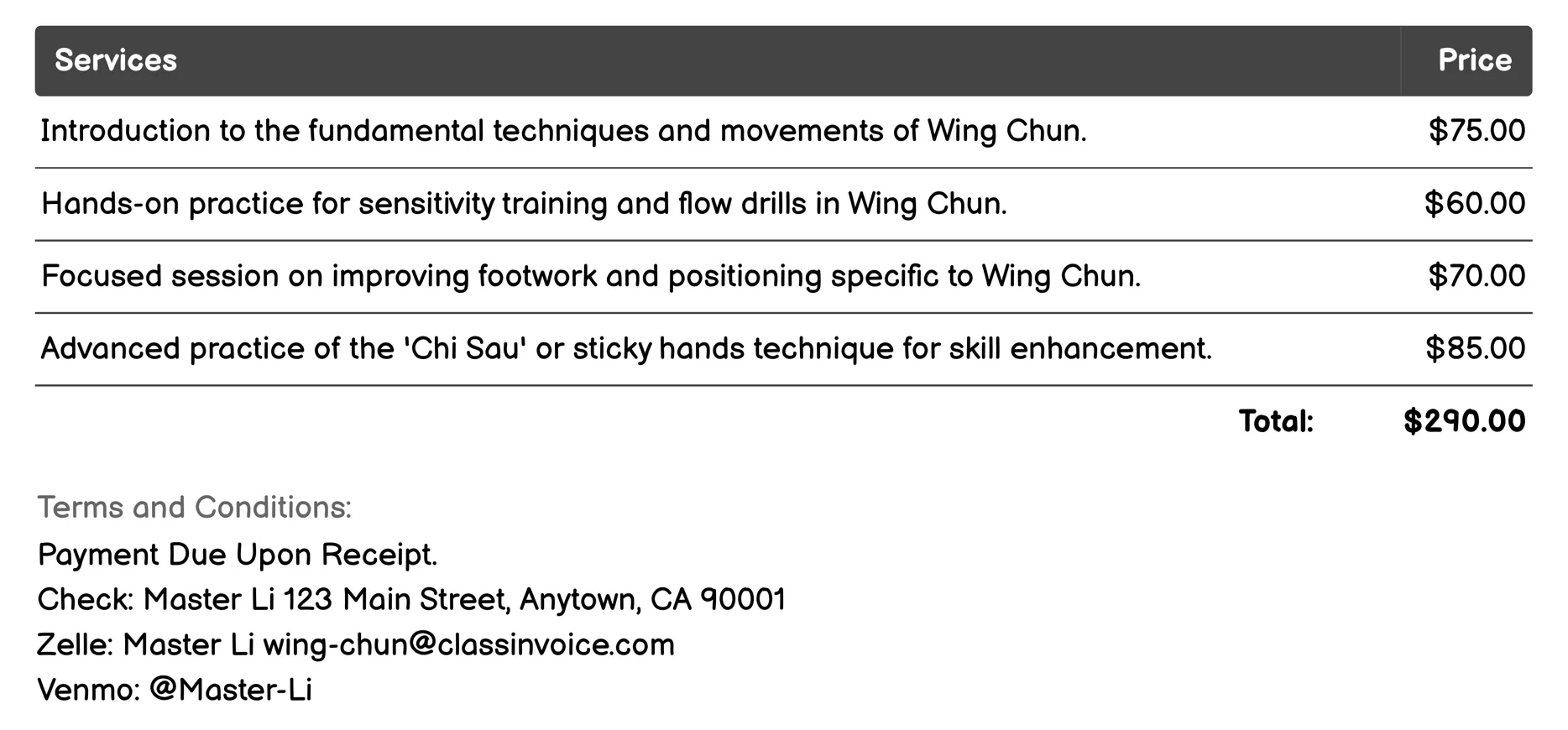 Martial Arts Workshops Invoice Example