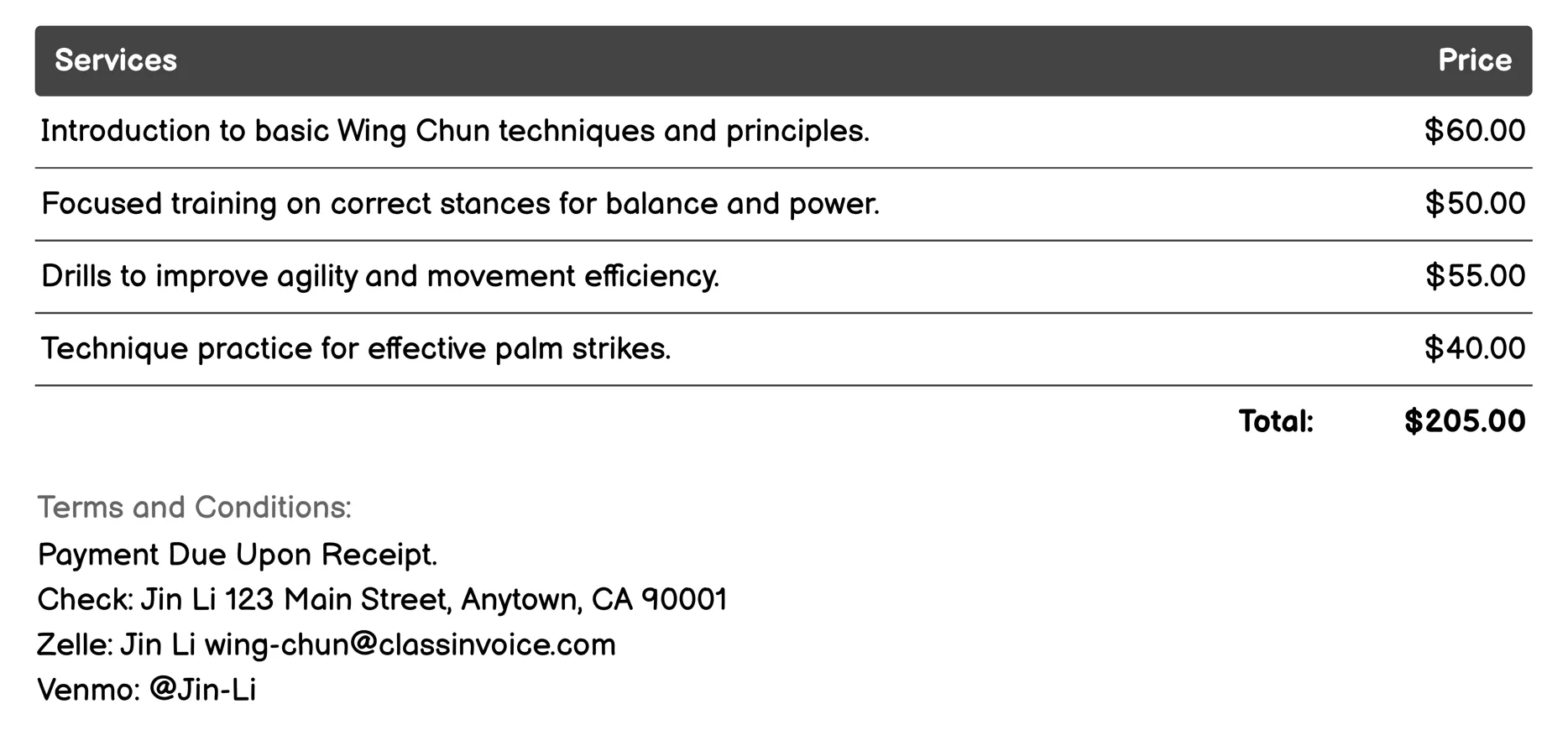 Personal Training Sessions Invoice Example