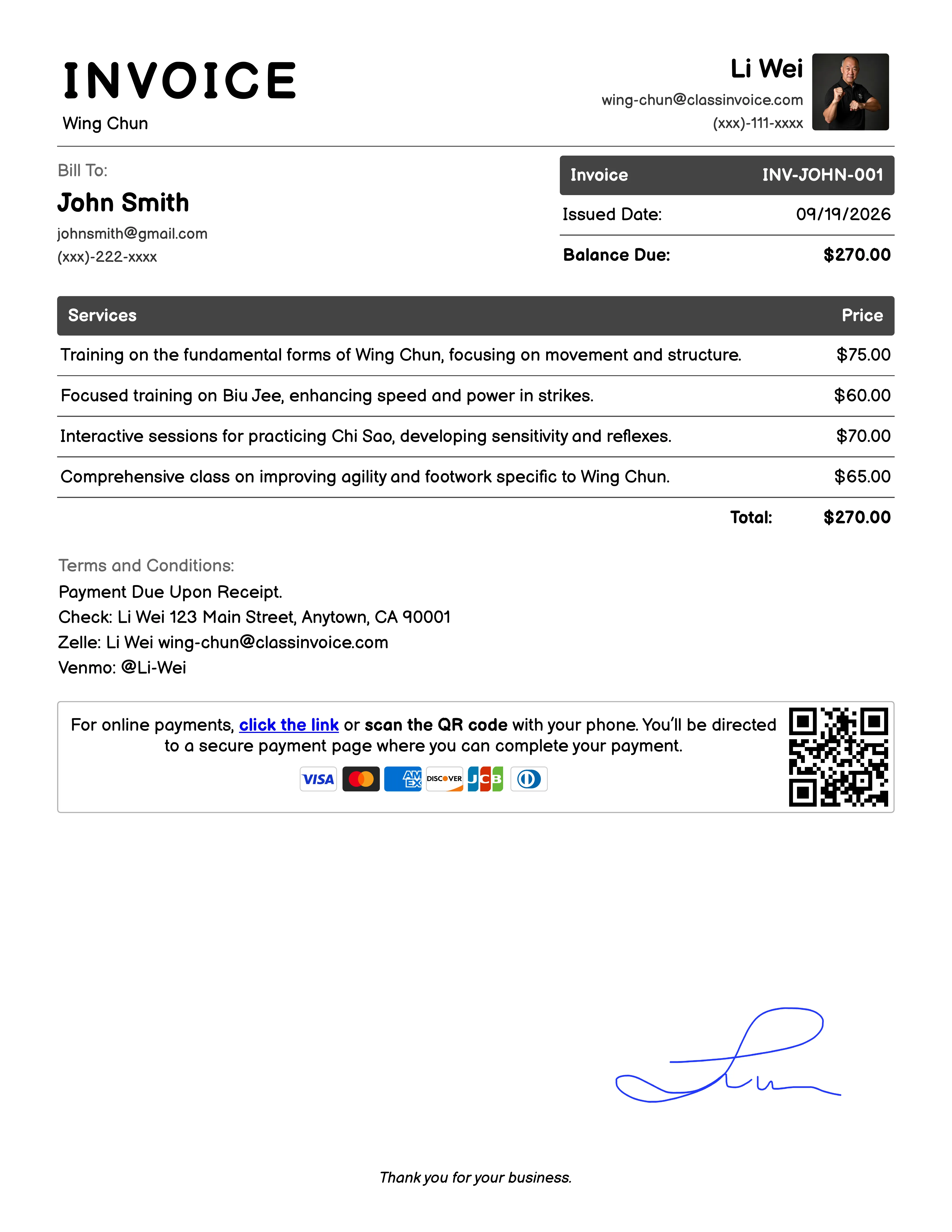 Wing Chun Invoice Example