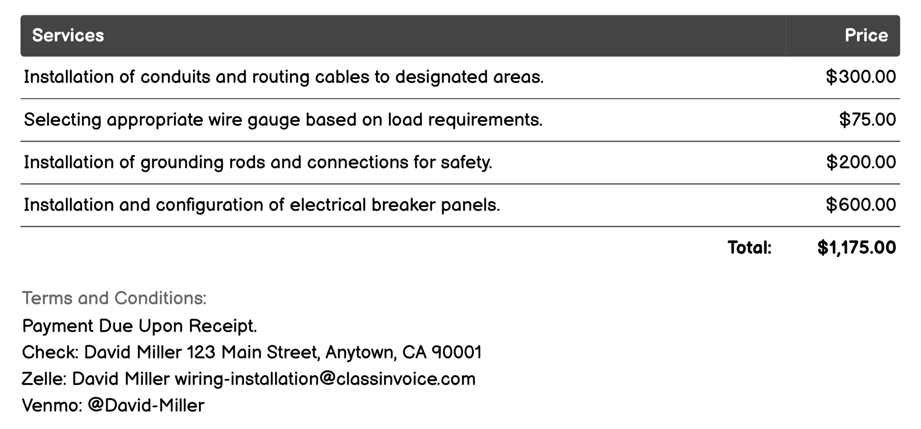 Backup Power Installation Invoice Example