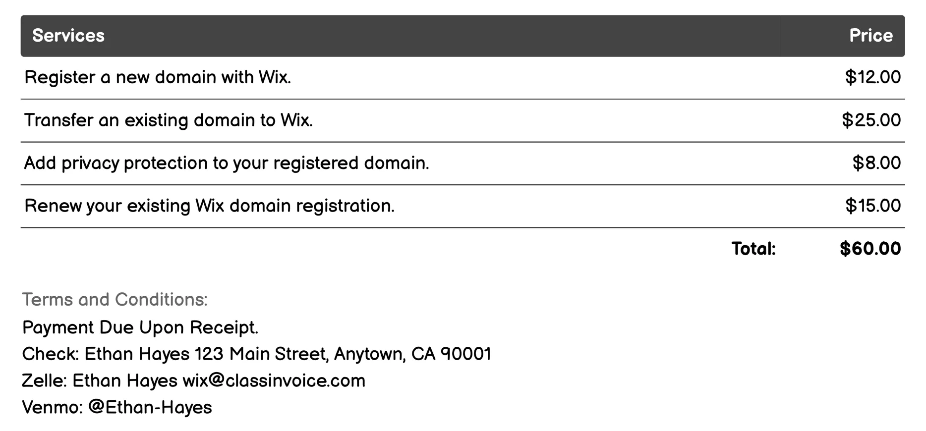 Domain Name Registration Invoice Example