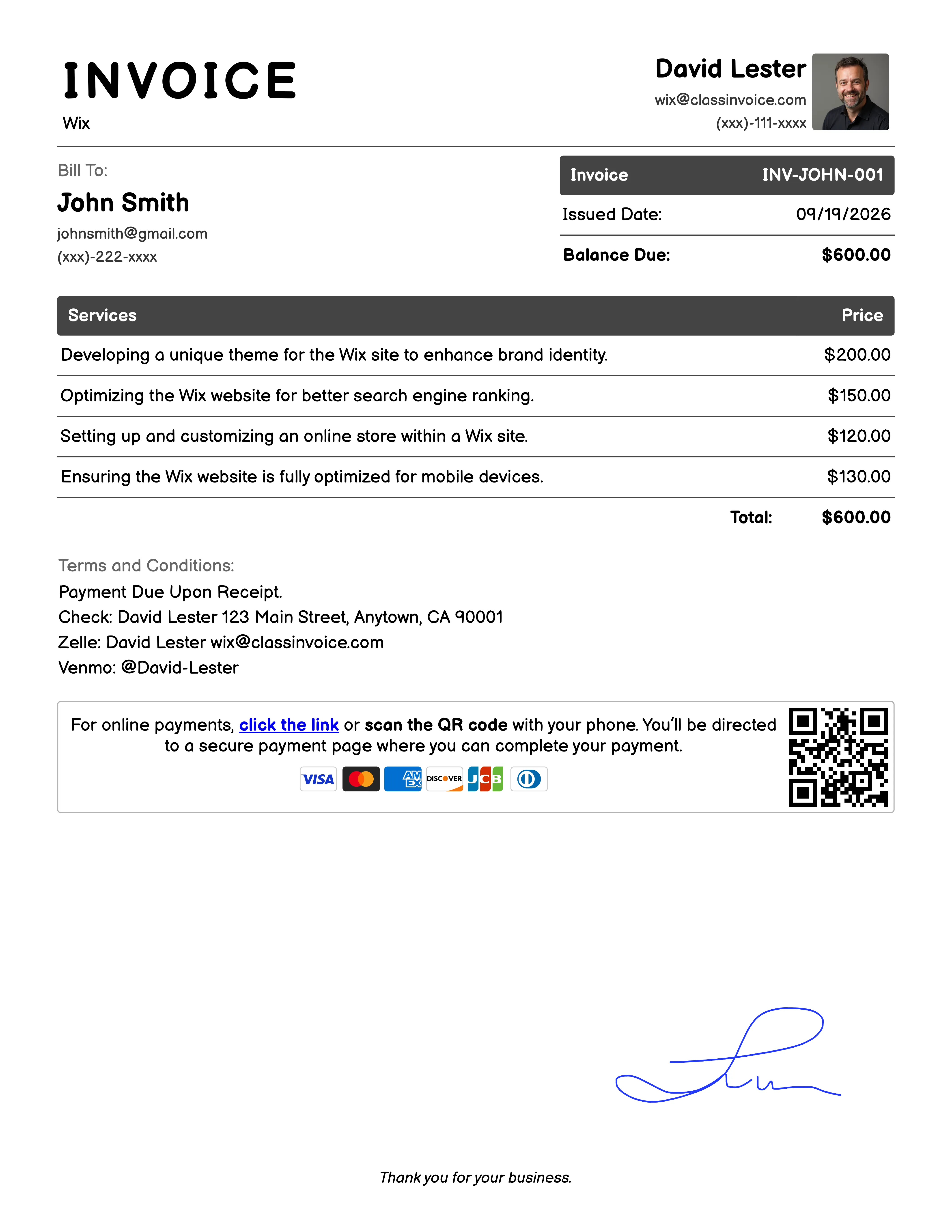 Wix Invoice Example