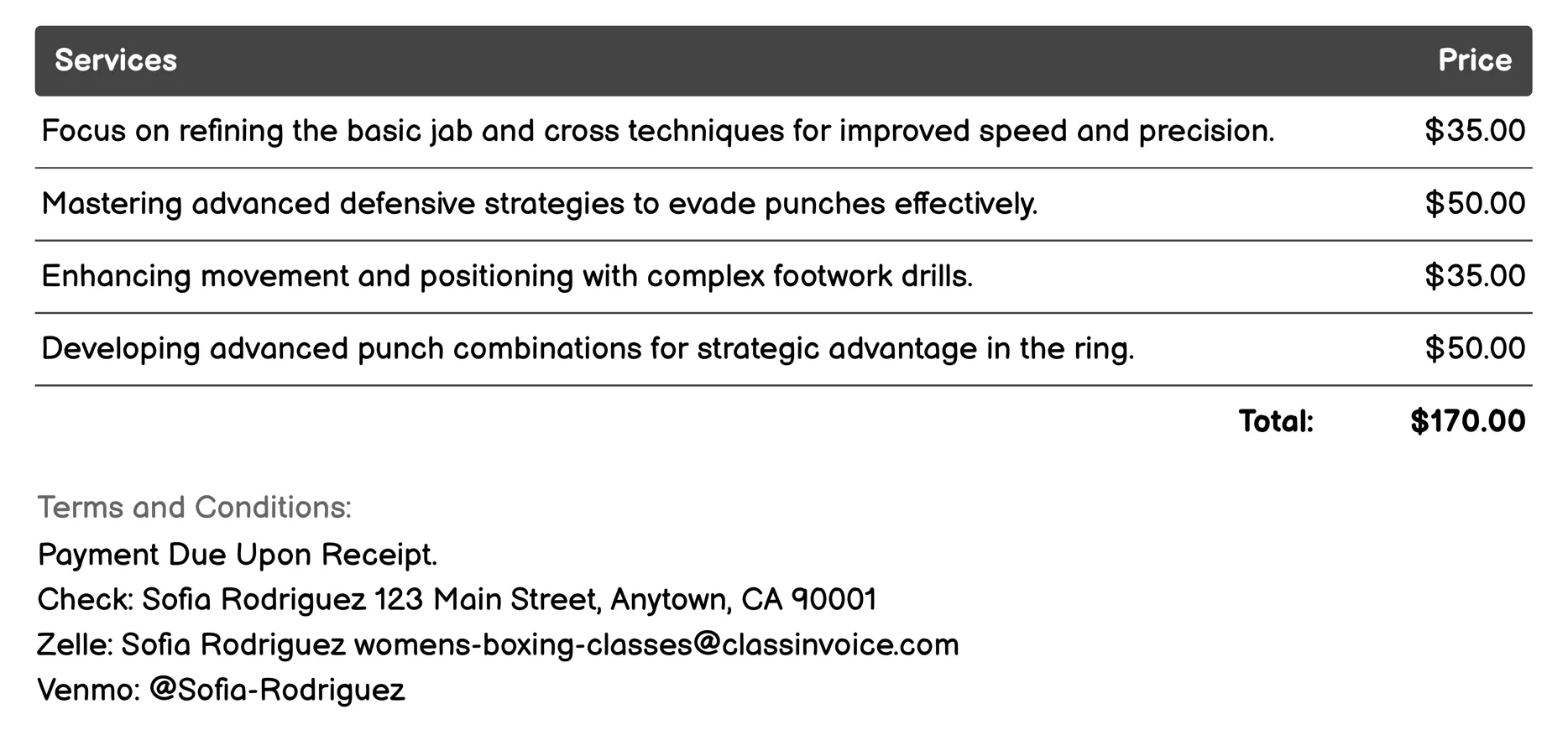 Advanced Technique Classes Invoice Example
