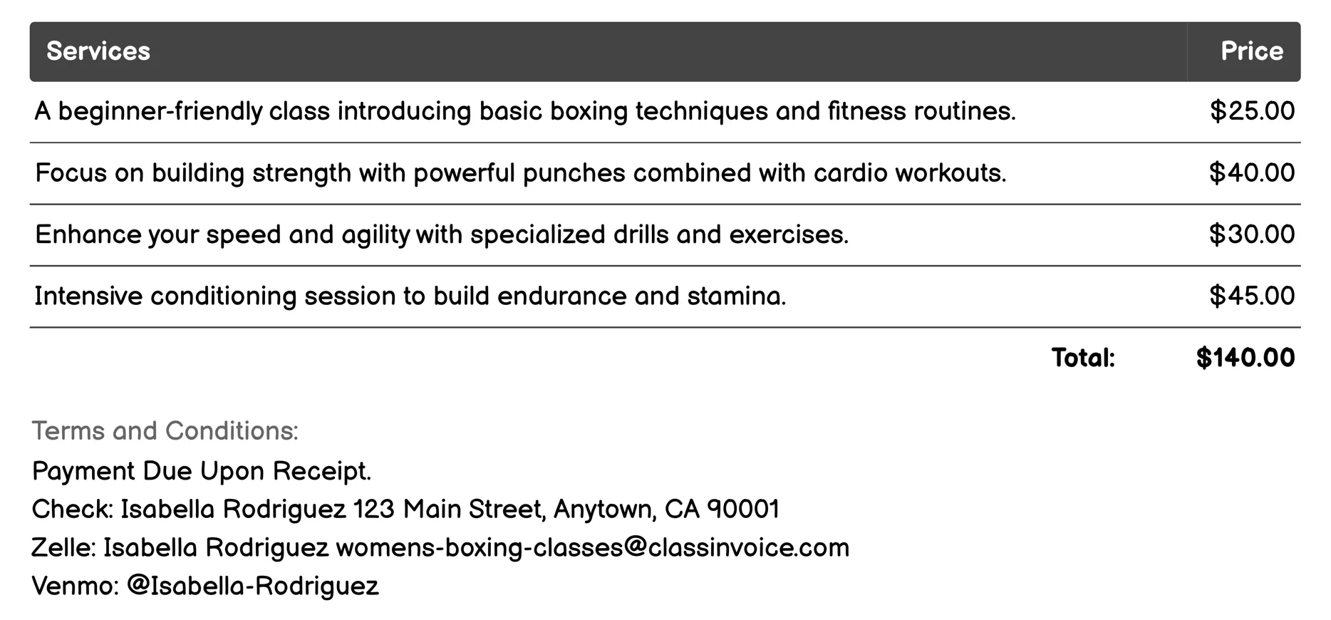 Fitness Boxing Classes Invoice Example