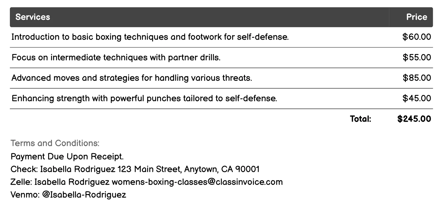 Self-Defense Training Invoice Example