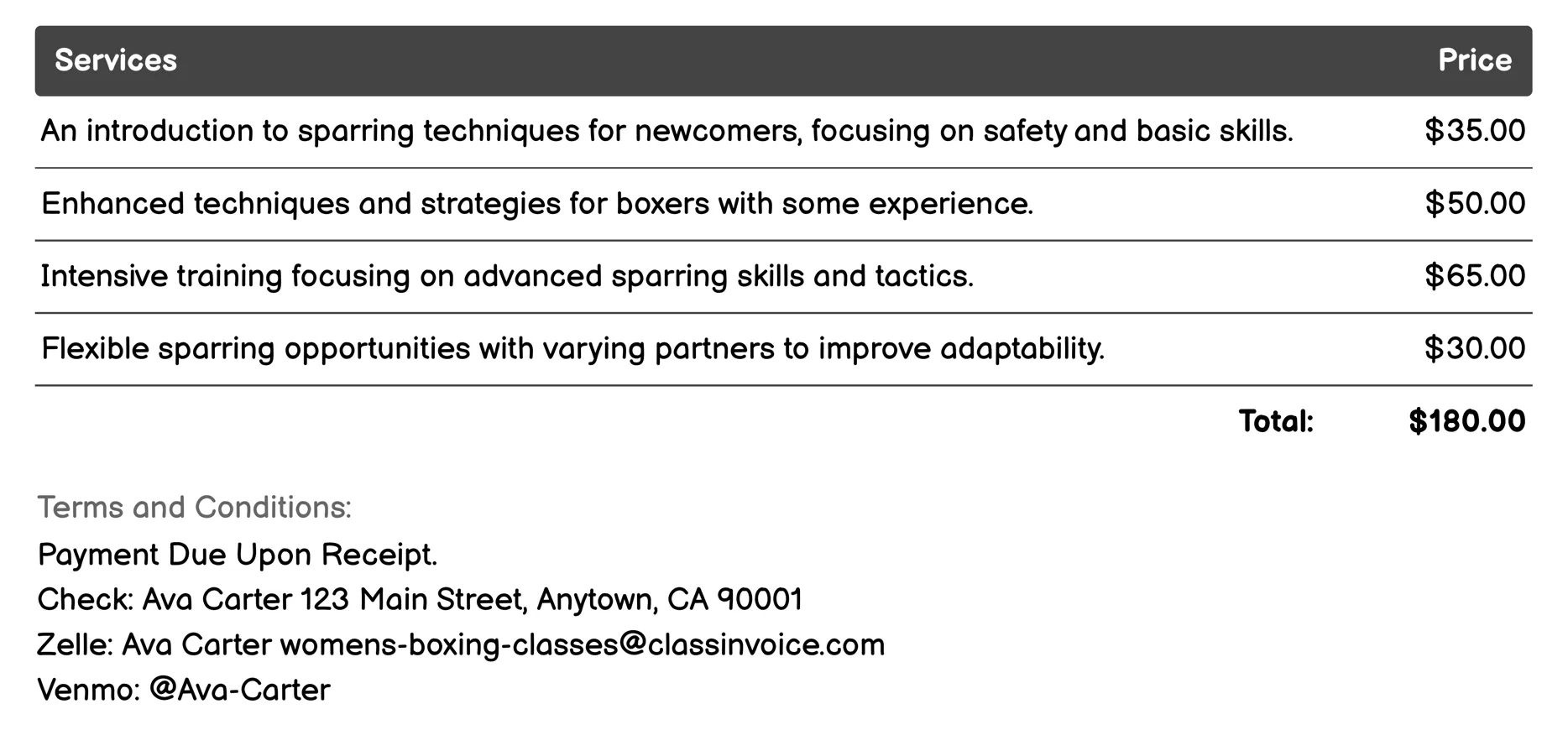 Sparring Classes Invoice Example
