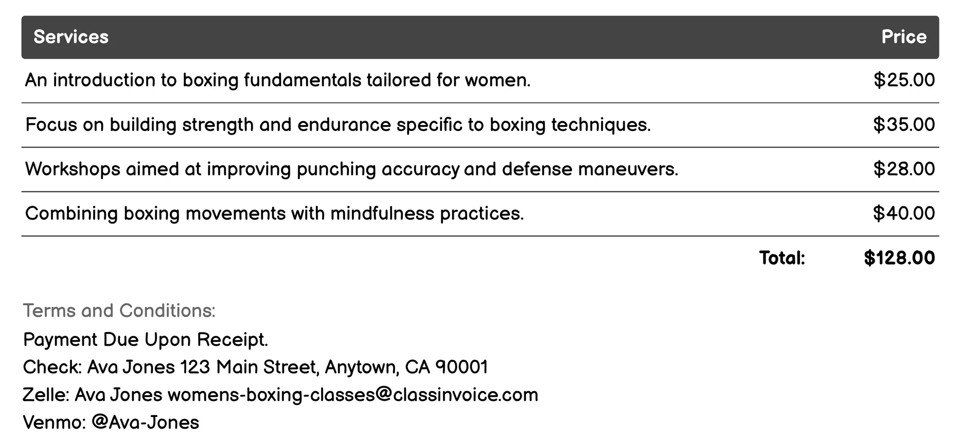 Women's Only Classes Invoice Example