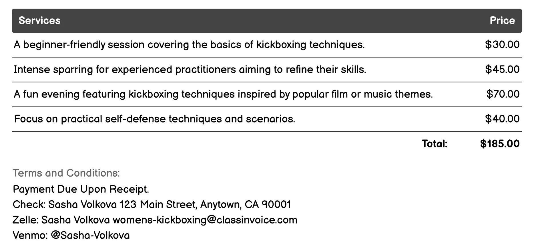 Themed Events and Sparring Nights Invoice Example