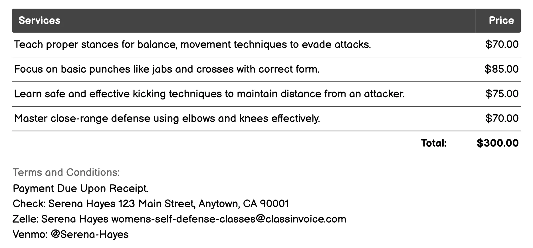 Basic Self-Defense Techniques Invoice Example