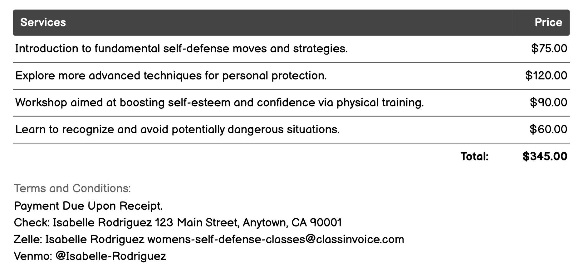 Confidence Building Workshops Invoice Example