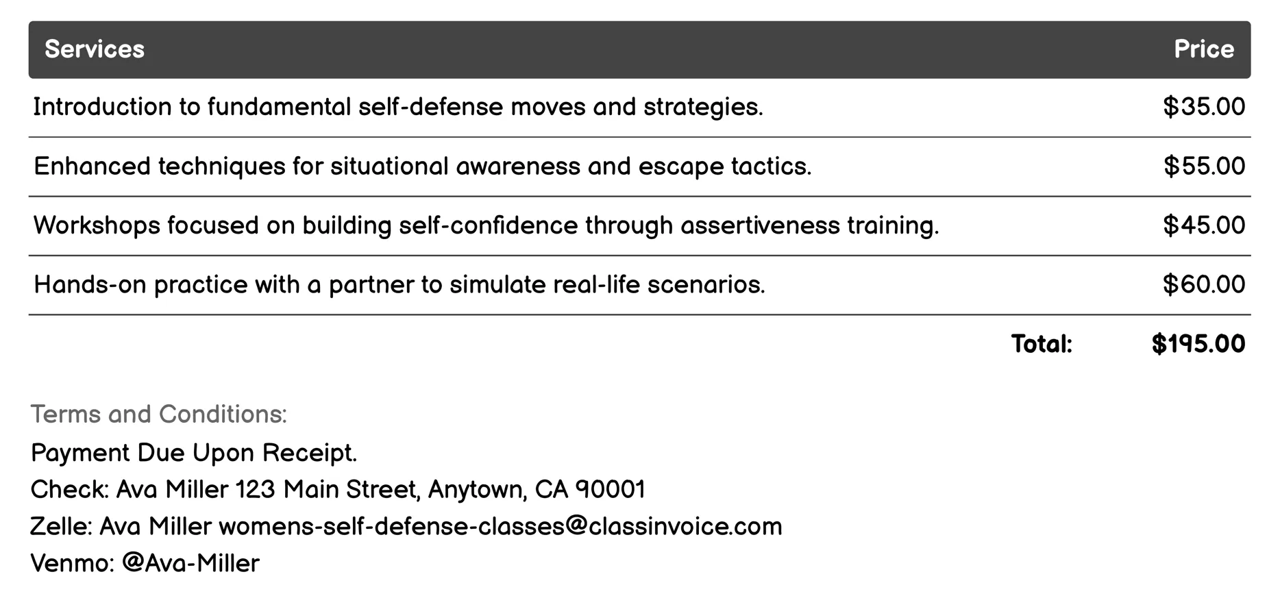 Fitness and Conditioning Programs Invoice Example