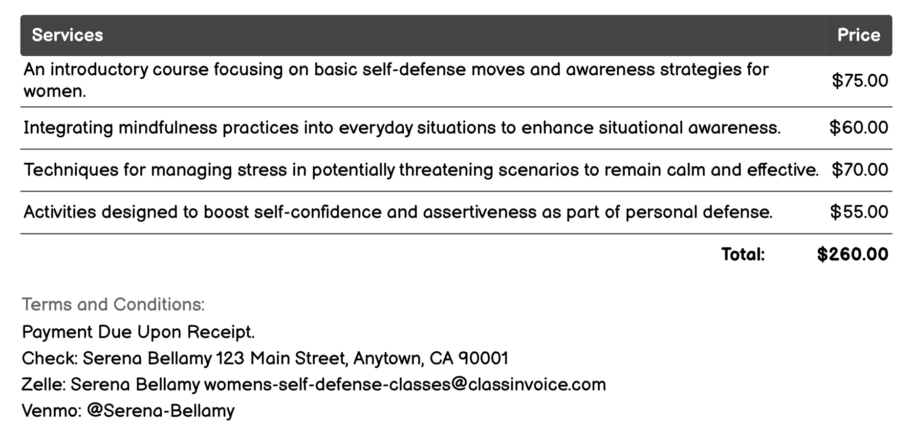Mindfulness and Stress Management Invoice Example
