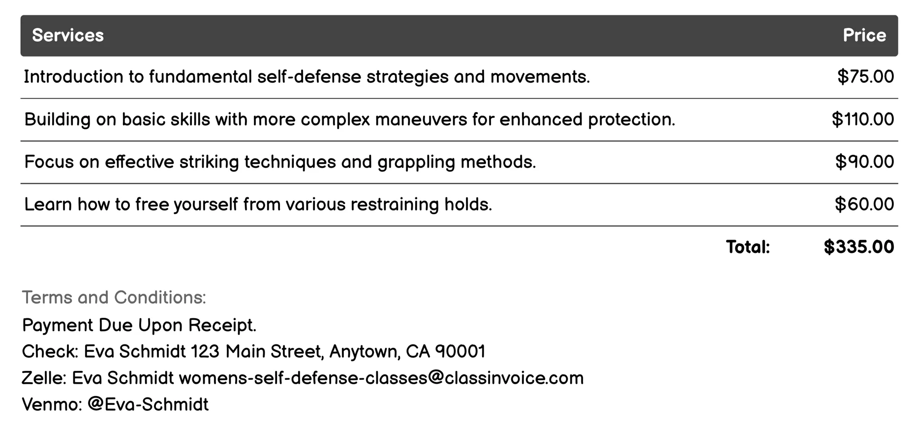 Self-Defense Tools Instruction Invoice Example
