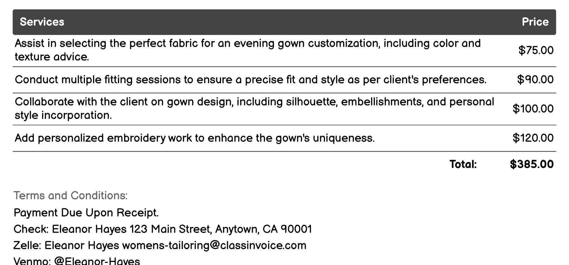 Evening Gown Customization Invoice Example