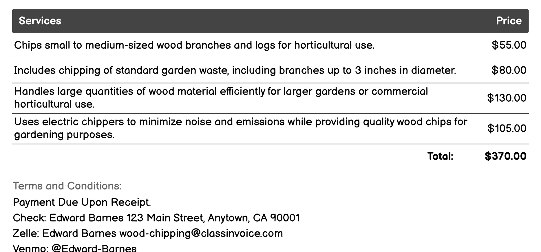 Horticultural Wood Chipping Invoice Example
