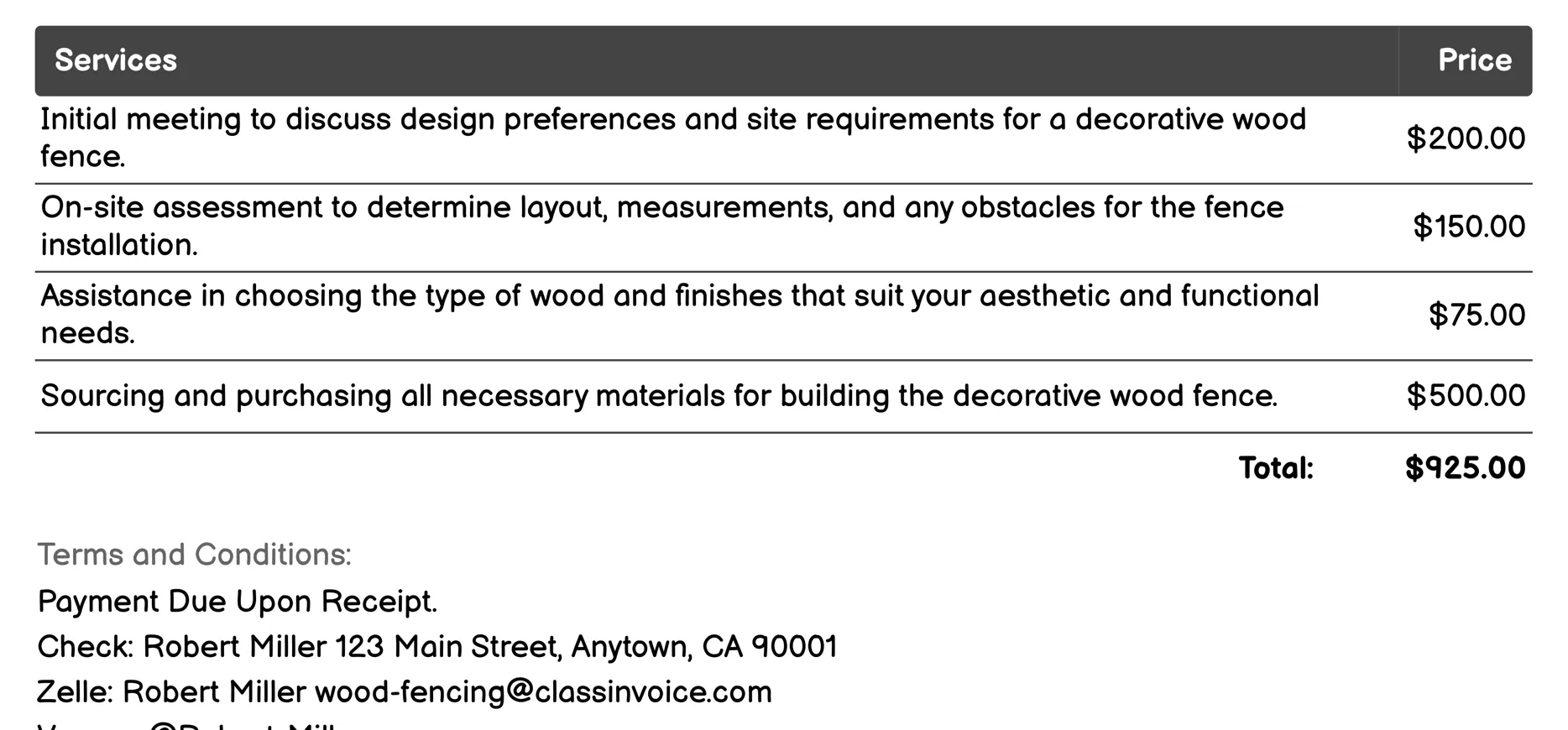 Decorative Wood Fences Invoice Example