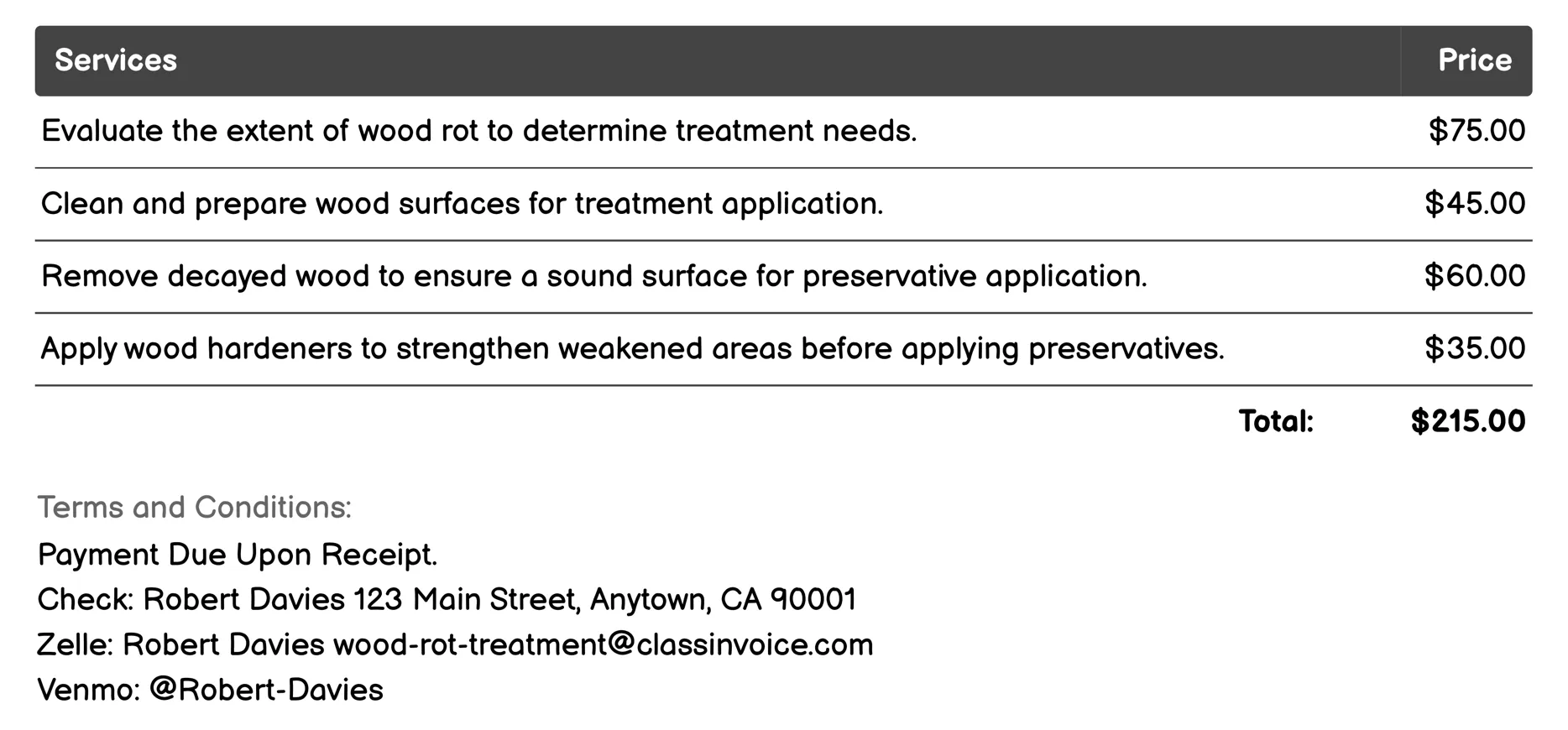 Preservative Treatment Application Invoice Example