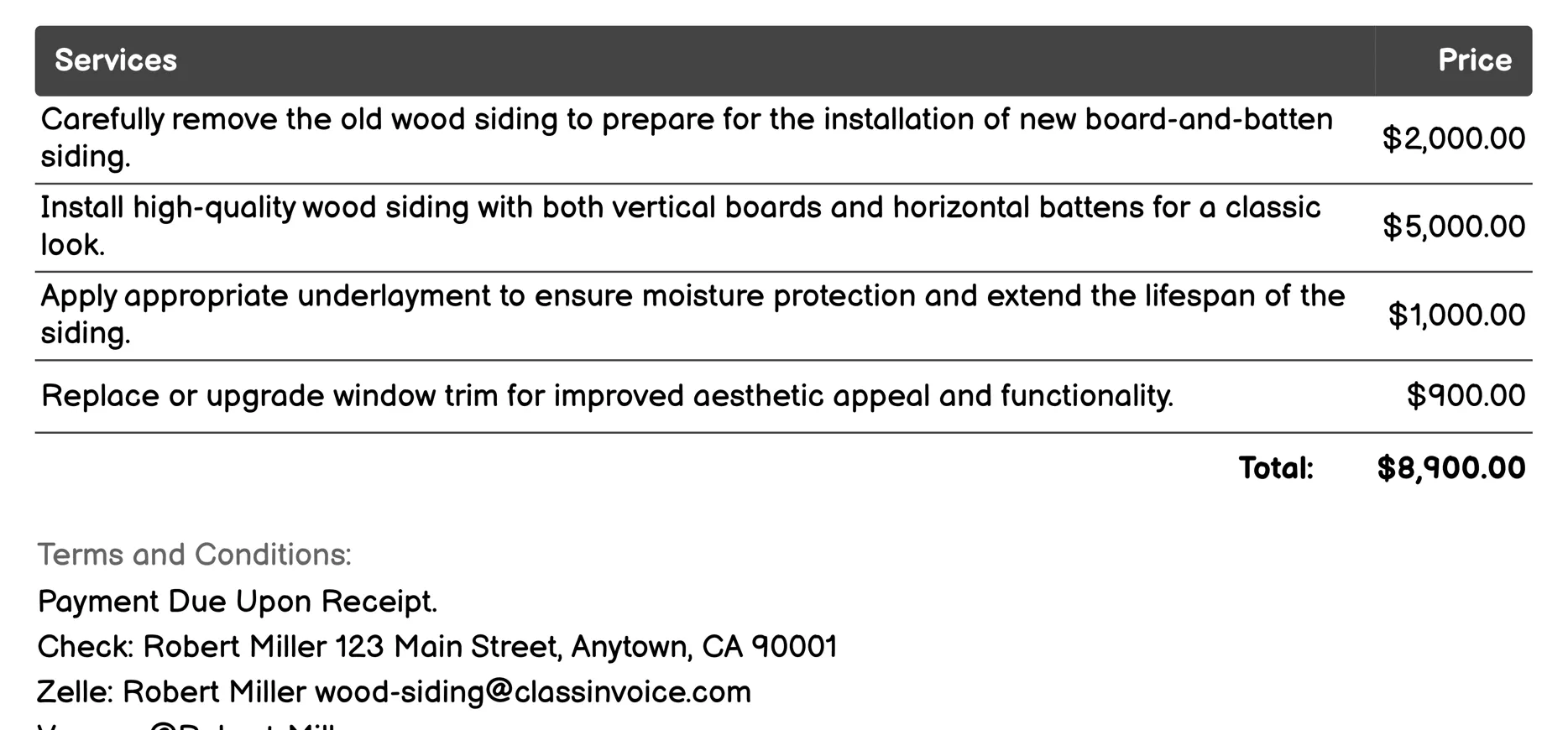 Board-and-Batten Siding Invoice Example