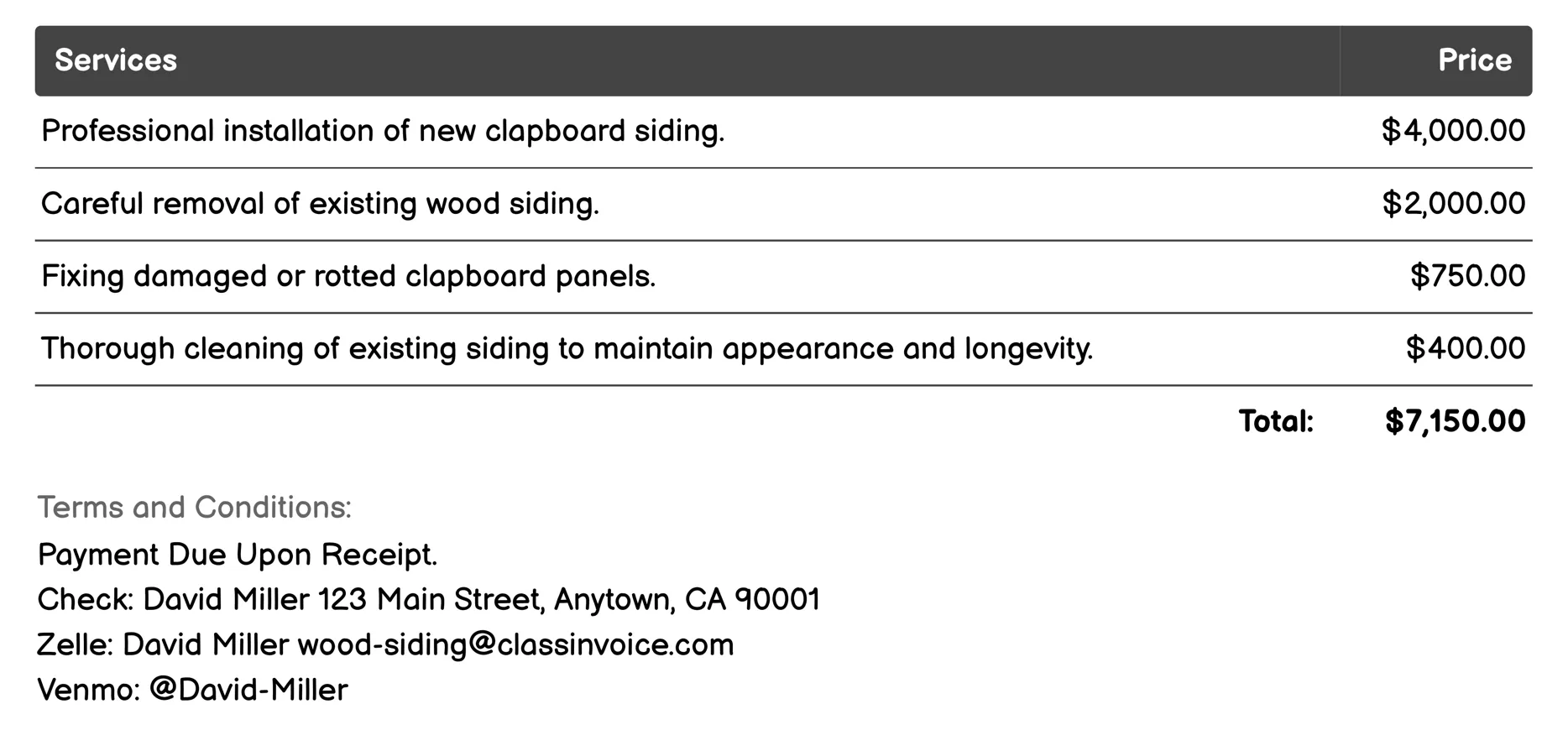 Clapboard Siding Invoice Example