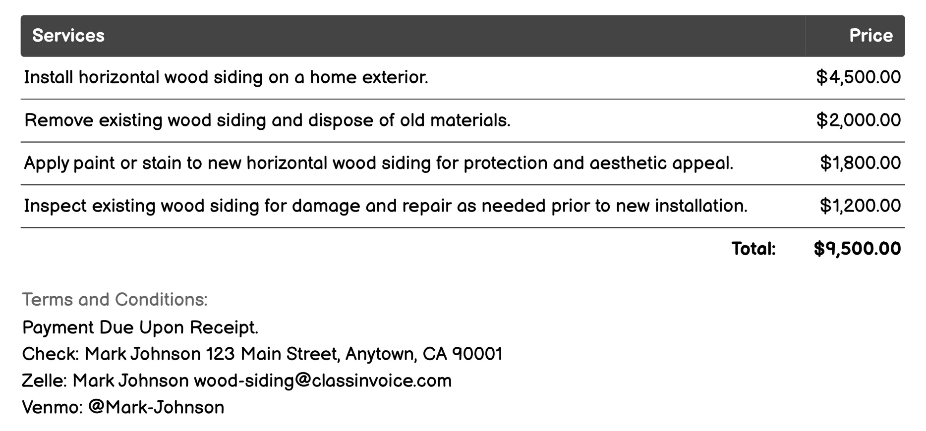 Horizontal Wood Siding Invoice Example