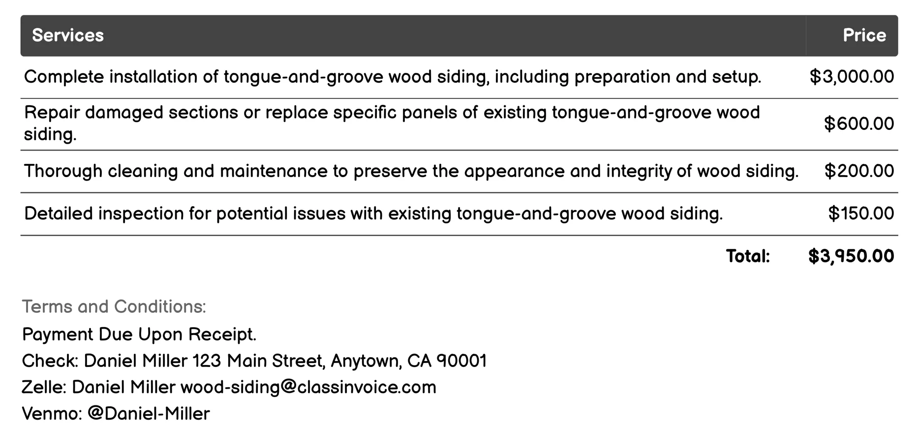 Tongue-and-Groove Siding Invoice Example