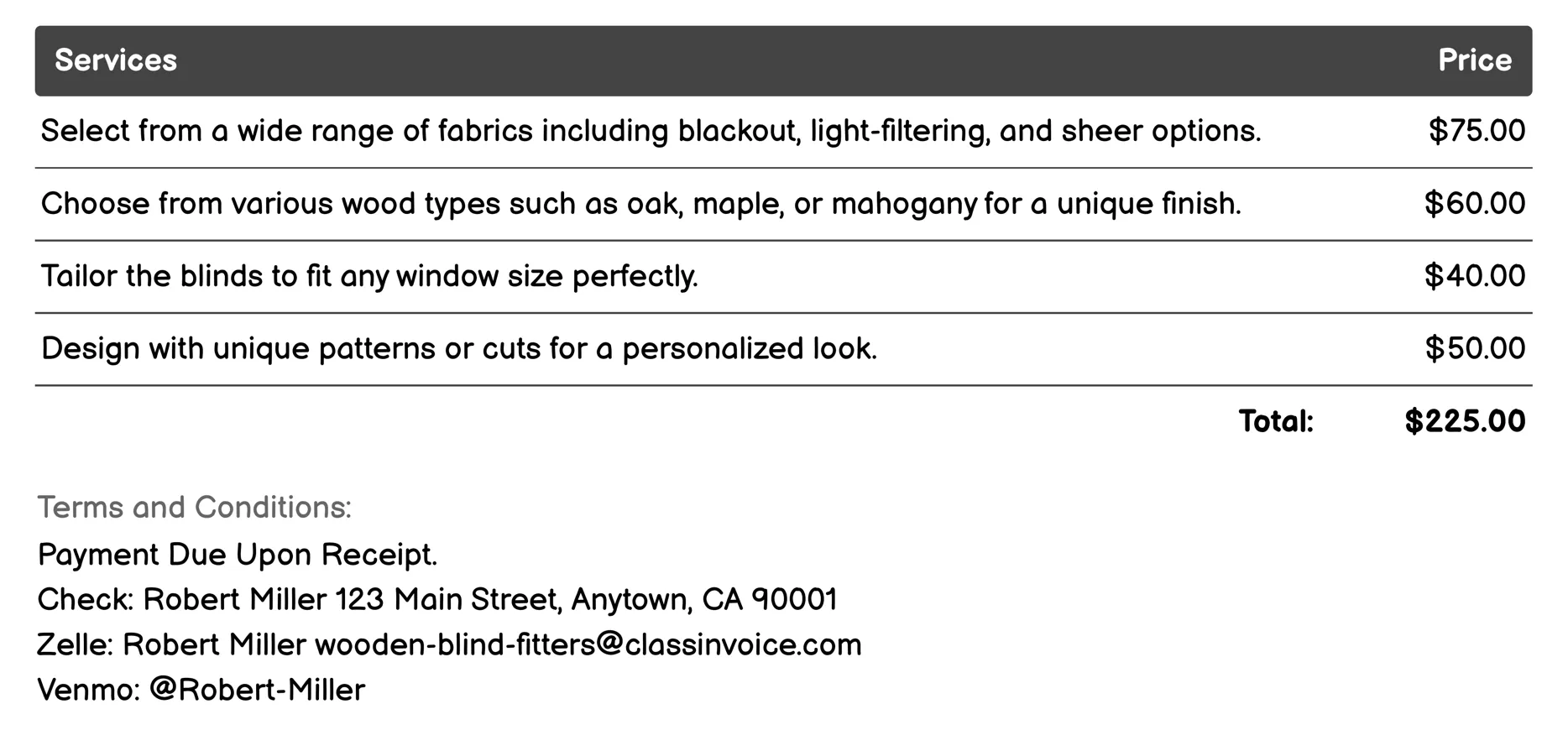 Customization Options Invoice Example