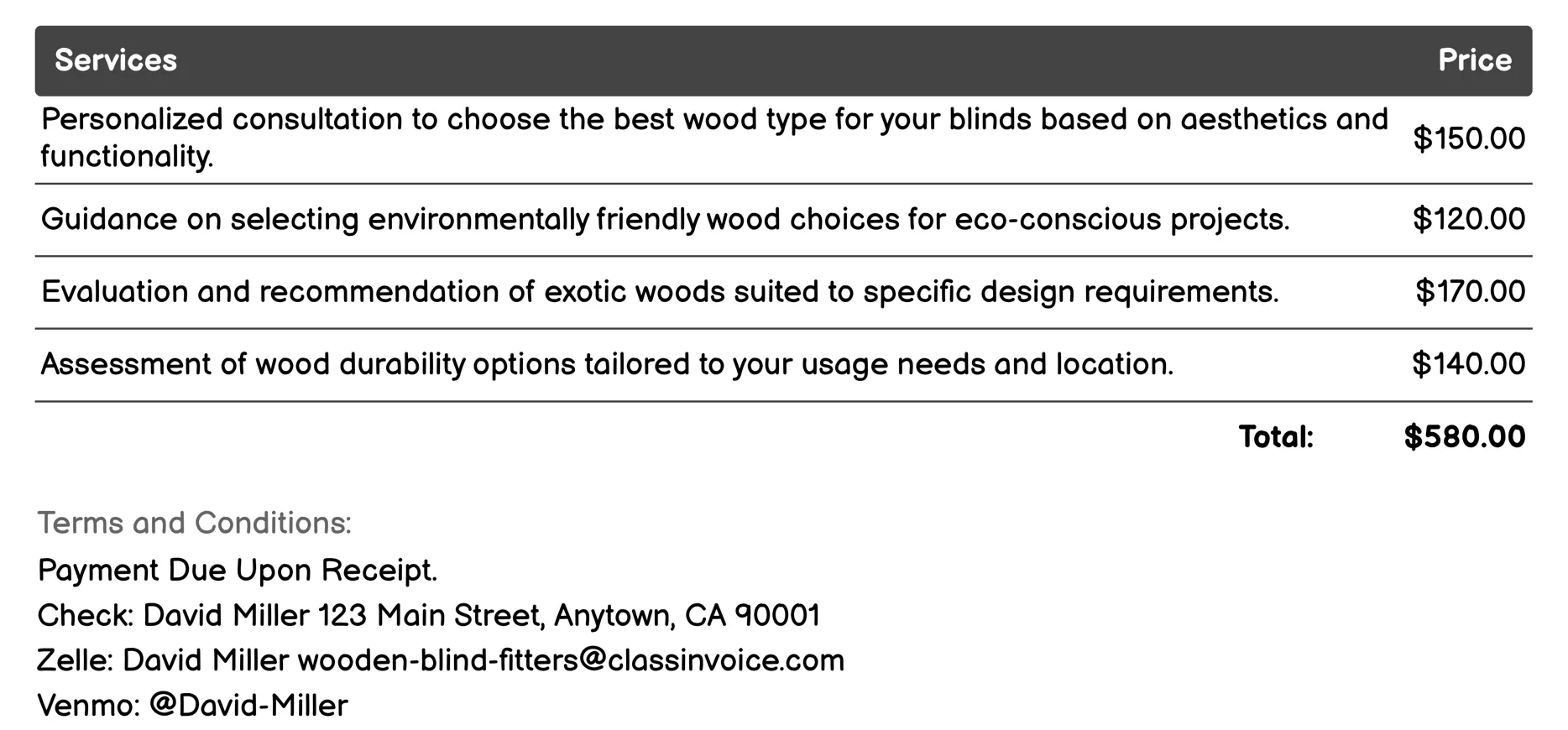 Wood Selection Consultation Invoice Example