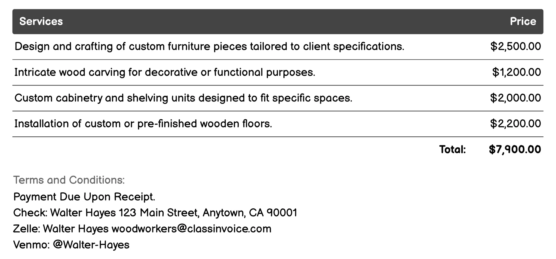 Custom Woodwork Projects Invoice Example