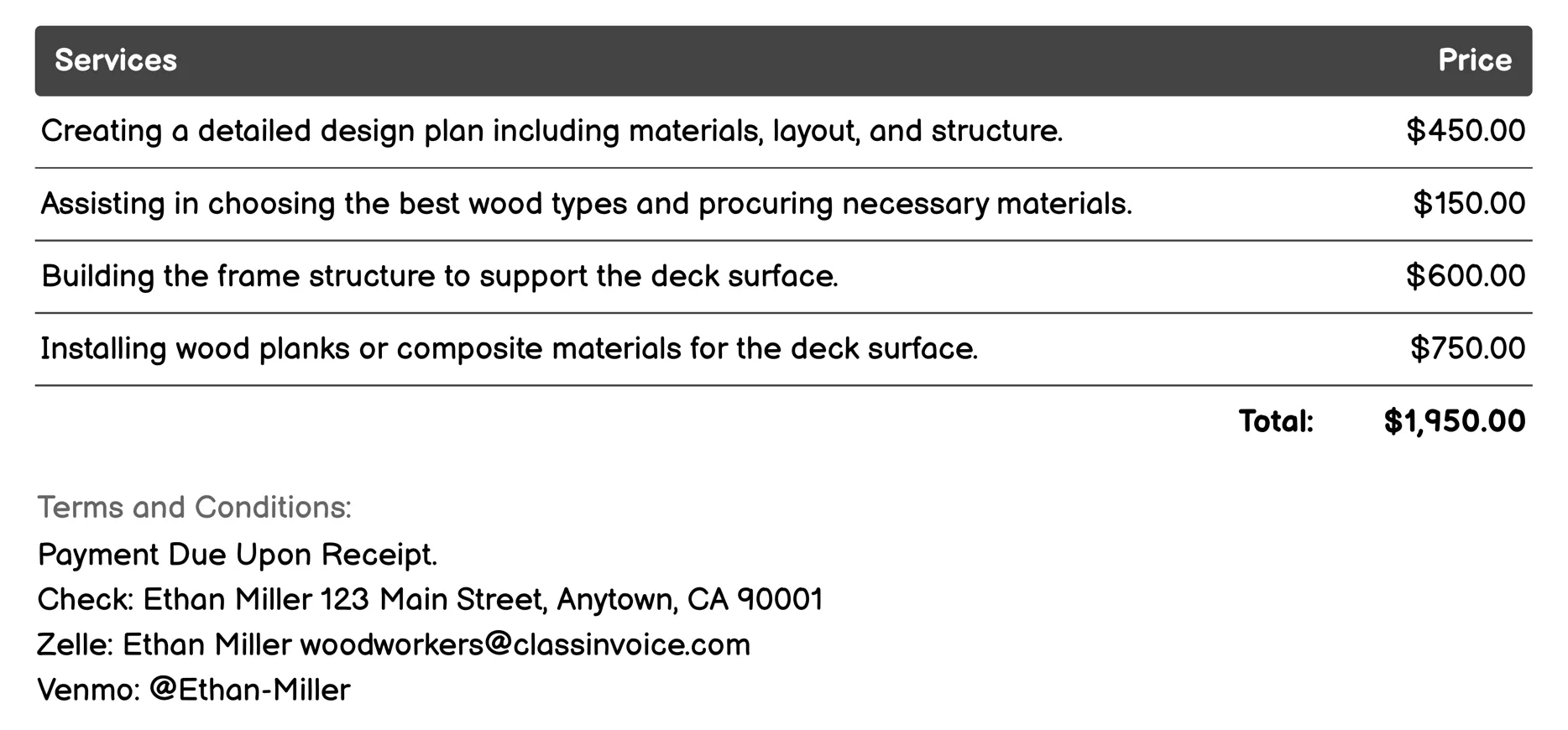 Deck Building Invoice Example