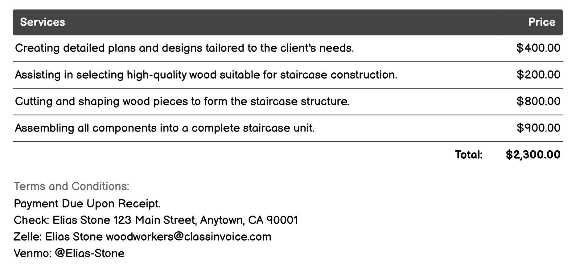Staircase Construction Invoice Example