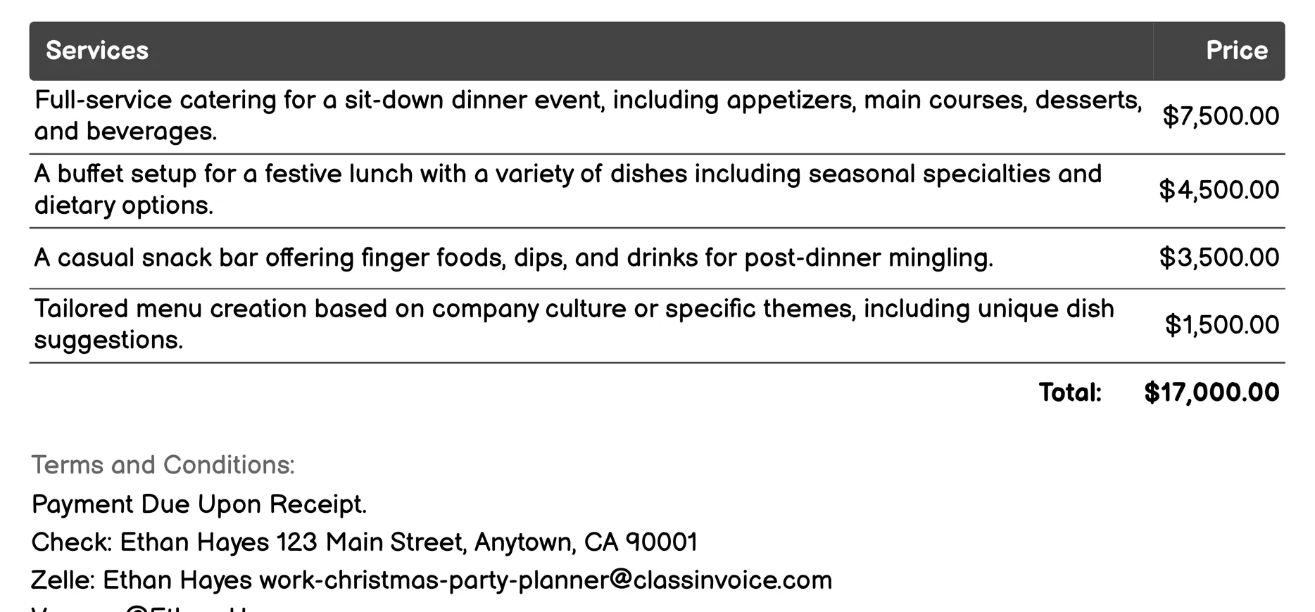 Catering and Menu Planning Invoice Example