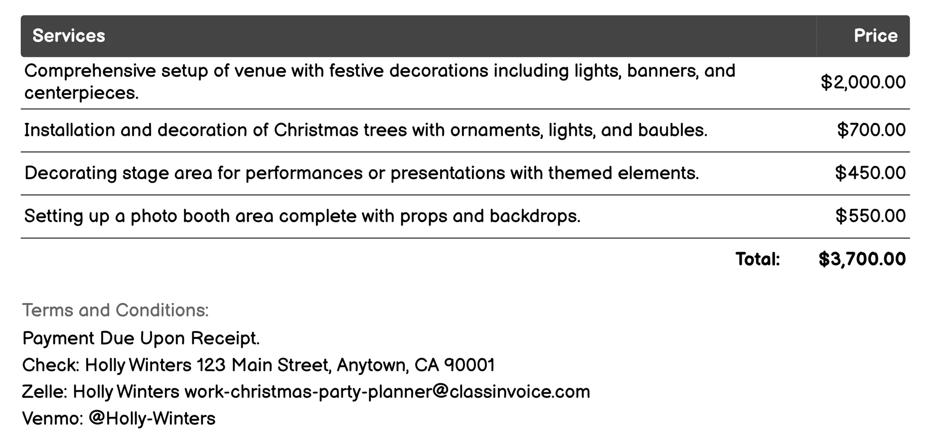 Decorations and Setup Invoice Example