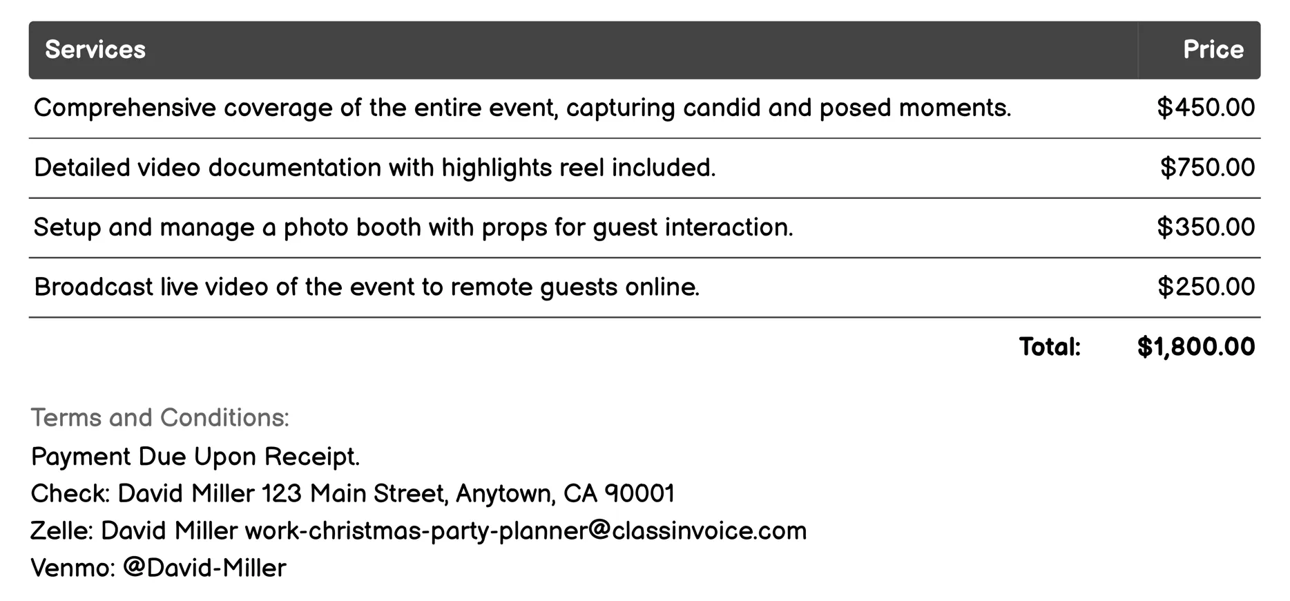 Photography and Videography Services Invoice Example