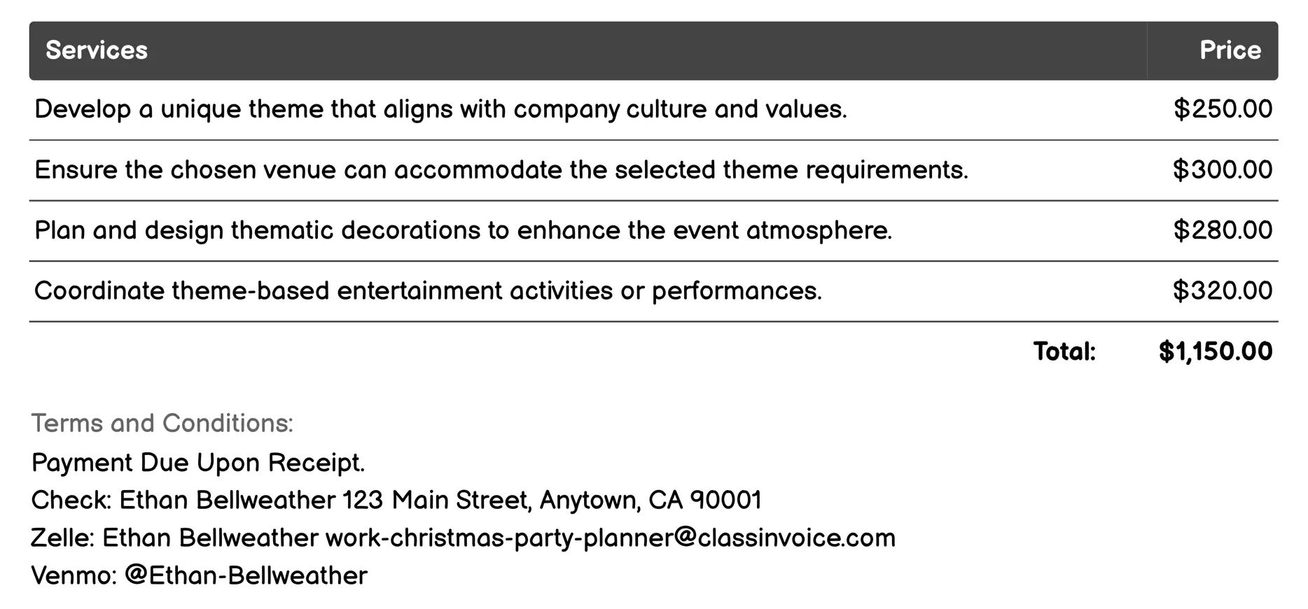 Theme Development Invoice Example