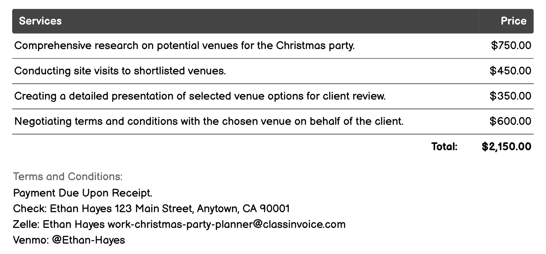 Venue Selection Invoice Example