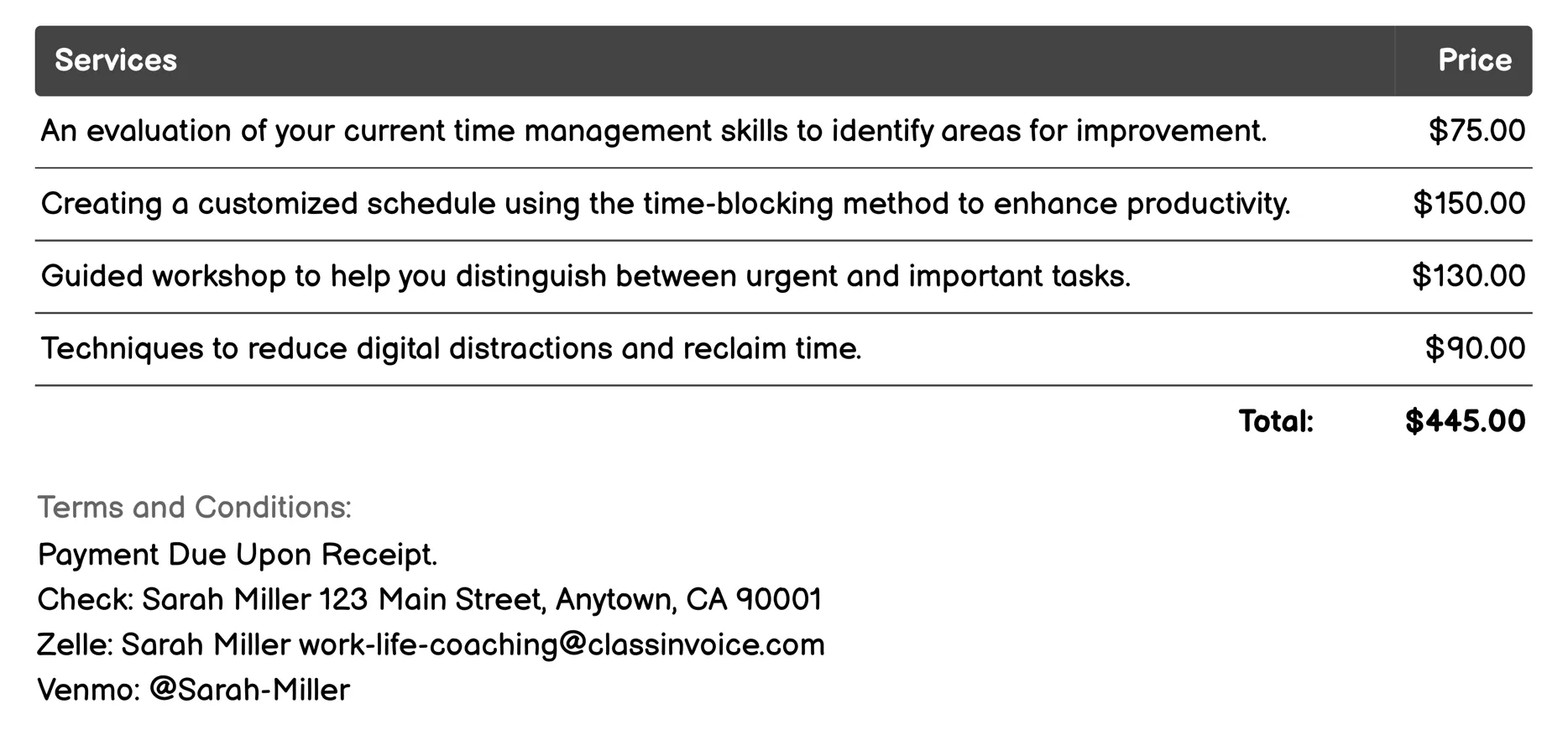 Time Management Invoice Example