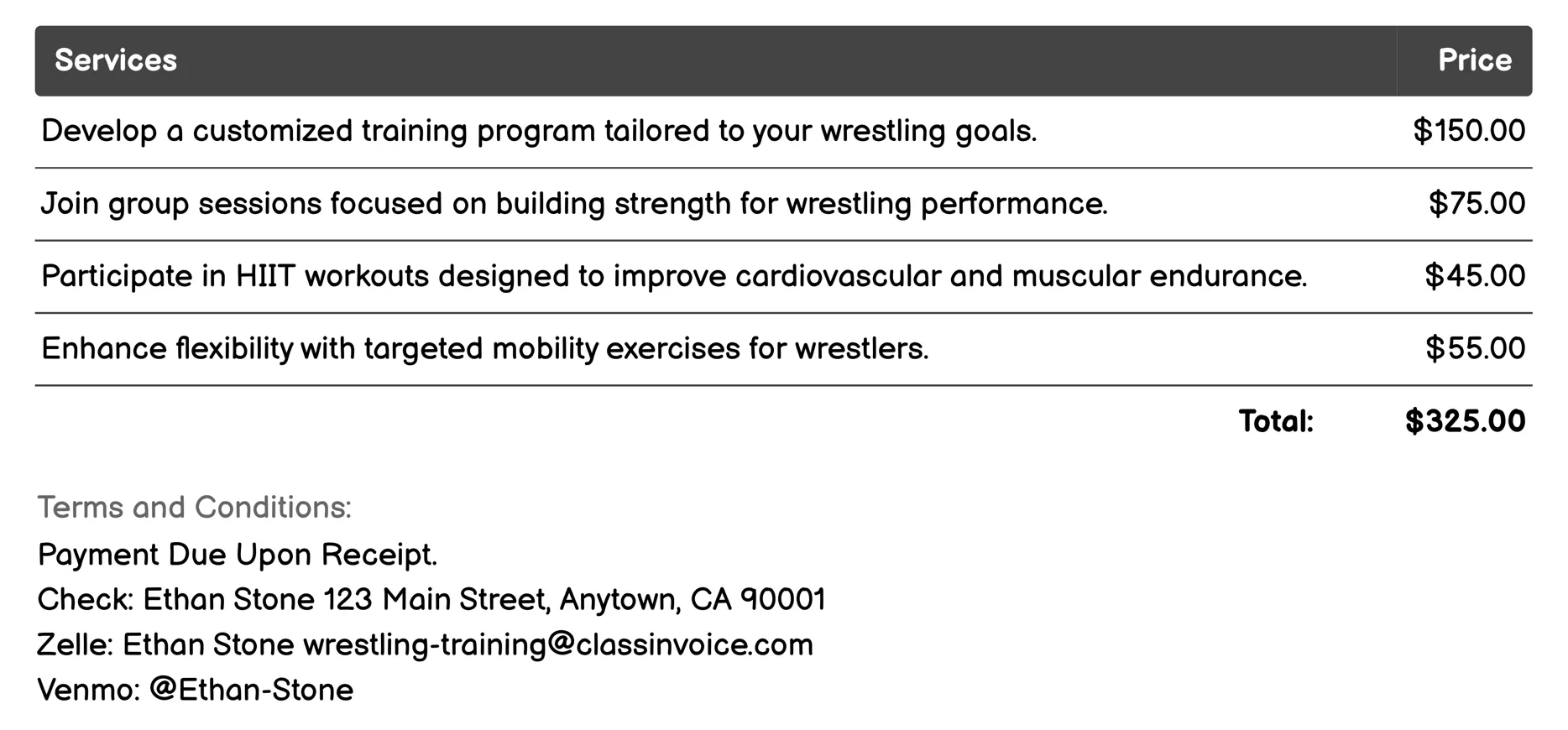 Strength and Conditioning Programs Invoice Example