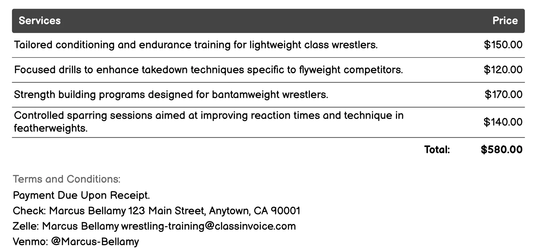 Weight Class Specific Training Invoice Example
