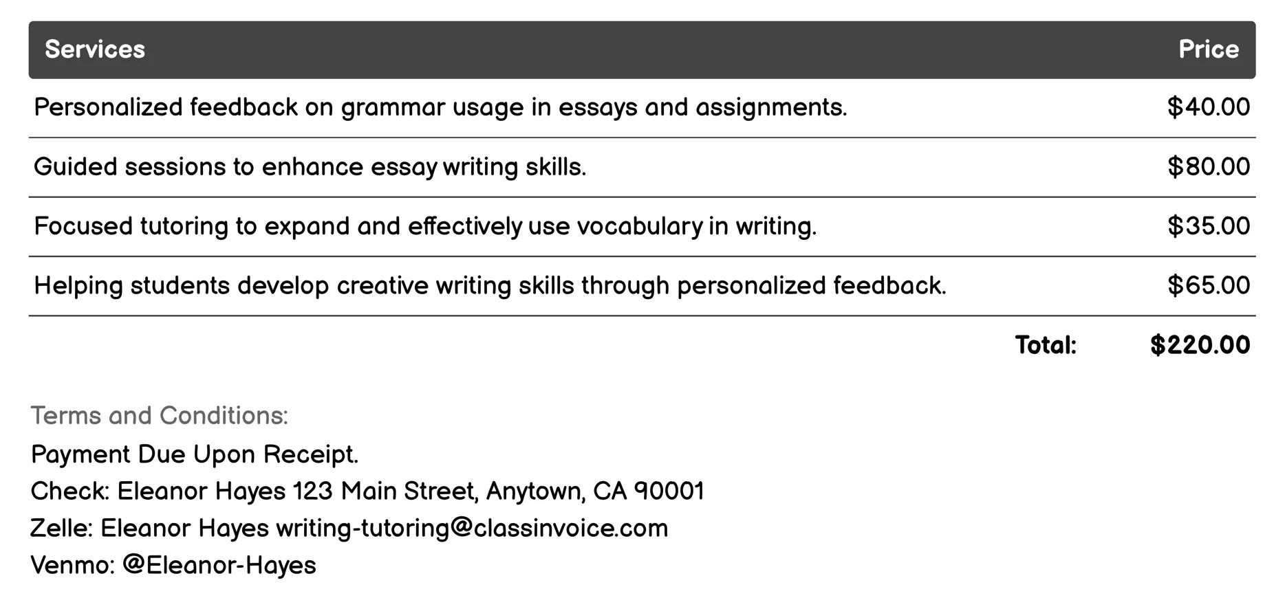Language Learning Writing Practice Invoice Example